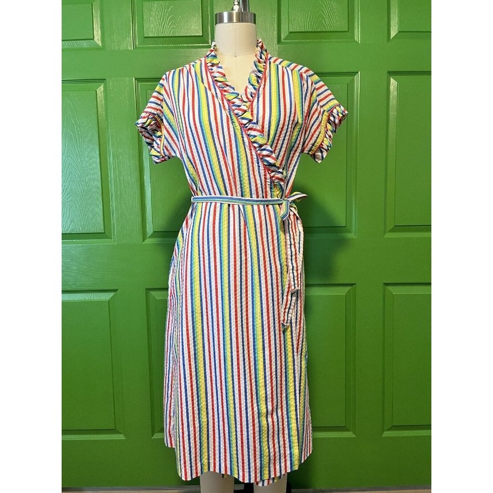 Vintage Women's Wrap Dress Vertical Primary Stripe adjustable Size 6 to 10